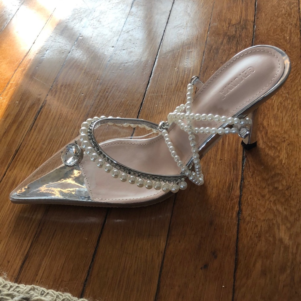 PVC heels with pearl ankle strap